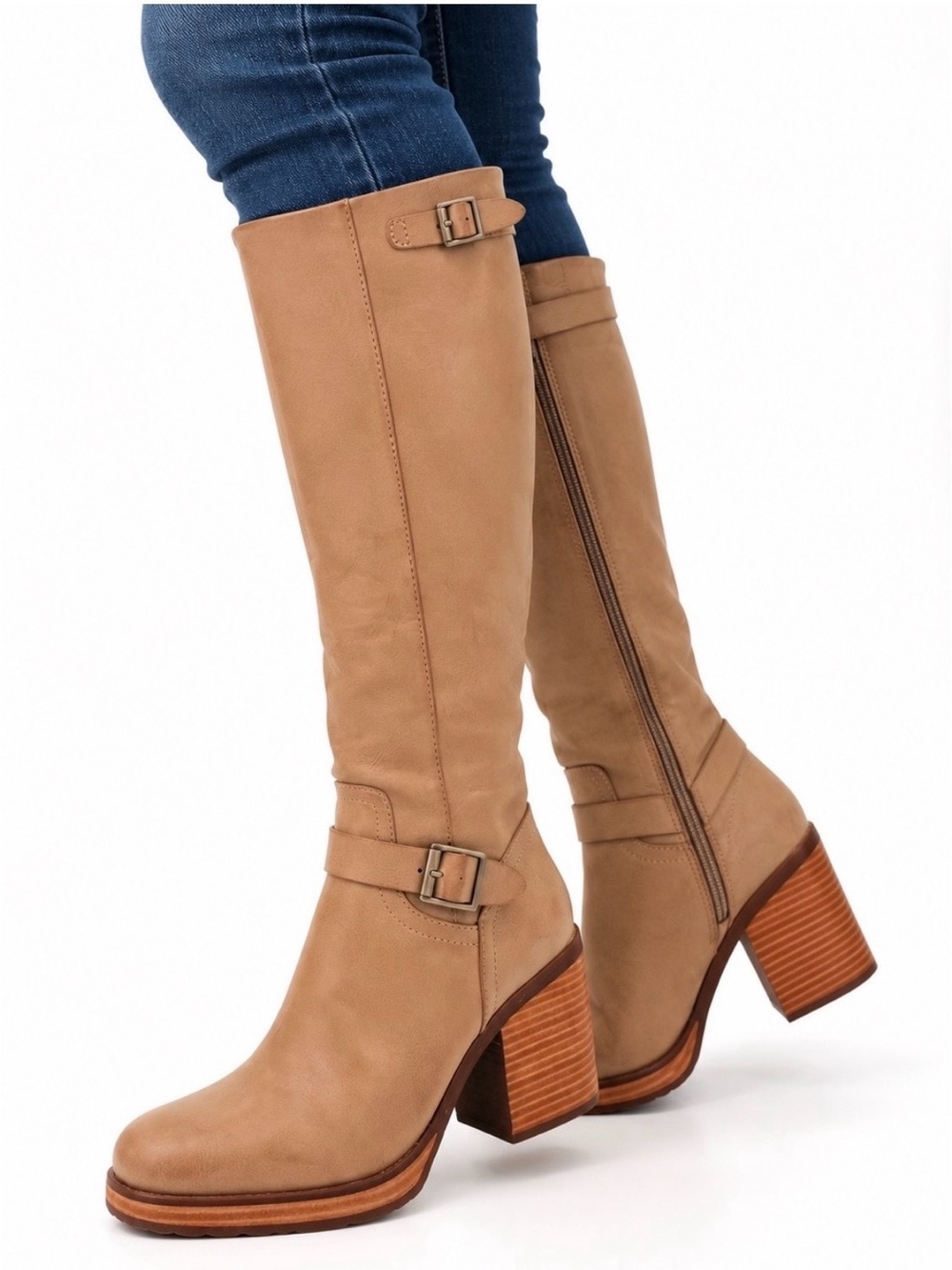 KORK-EASE Karalyn Tan Knee High Riding Boots Buckle Block Heel NWT